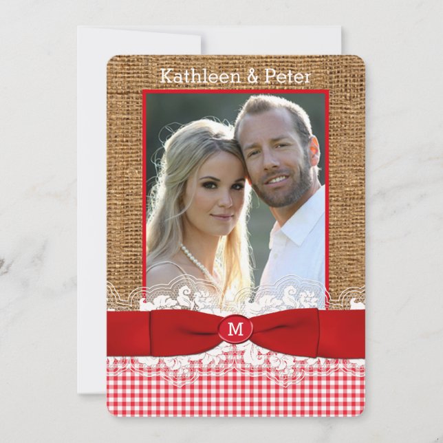 FAUX Burlap, Snöre, Bow PHOTO Wedding Invitding, R Inbjudningar (Framsida)