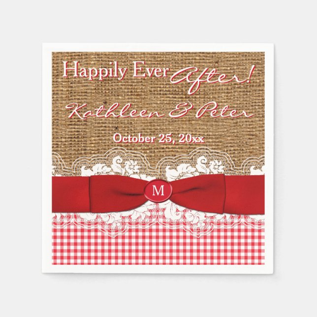 FAUX Burlap, Snöre, Gingham Bröllop Napkins - Red Pappersservett (Framsidan)