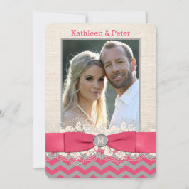 FAUX Burlap, Snöre PHOTO-bröllopsinbjudan, Chevron Inbjudningar