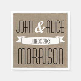 Faux Burlap White Ribbon Monogram Pappra blöjor Pappersservett