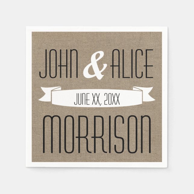 Faux Burlap White Ribbon Monogram Pappra blöjor Pappersservett (Framsidan)