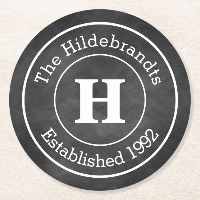 Faux Chalkboard Monogram-Personlig Underlägg Papper Rund (Framsidan)