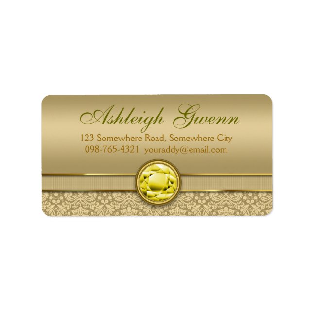 Faux Citrine Gult Gemstone Metallic Guld Damask Adressetikett (Framsidan)