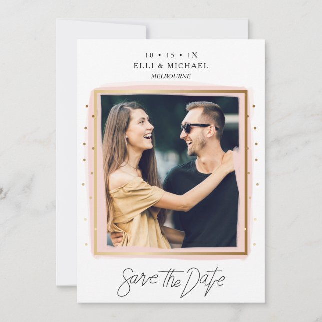 Faux Confetti Rosa White Photo Save Date Card Spara Datumet (Framsida)