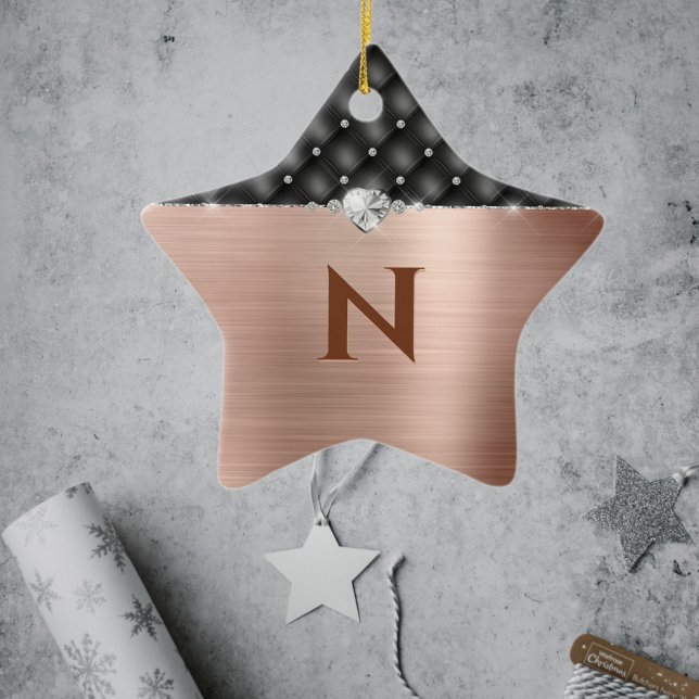 Faux Copper Glam och Diamond Leather Monogram Julgransprydnad Keramik (Skapare uppladdad)