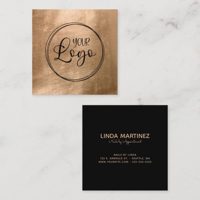 Faux Copper Gold Foil Your Logo Black Fyrkantigt Visitkort (Fram/baksida)