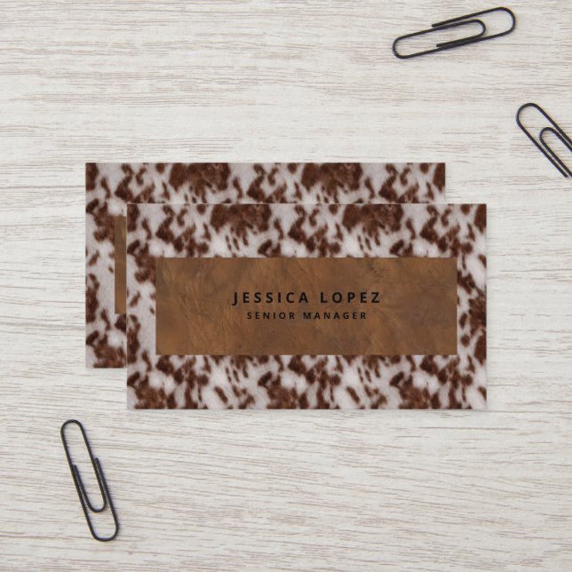 Faux Cowhide & Leather Rustic Animal Print Brown Visitkort (Fram/Back In Situ)