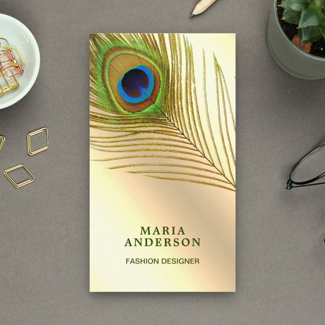 Faux Cream Gold Foil Grönt Indian Peacock Feather Visitkort (Skapare uppladdad)