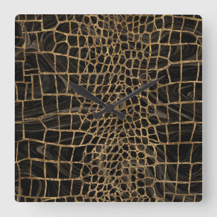 Faux Crocodile Black Liquid Marble och guld Fyrkantig Klocka