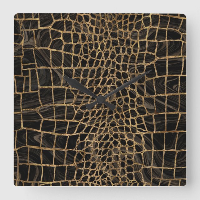 Faux Crocodile Black Liquid Marble och guld Fyrkantig Klocka (Framsida)