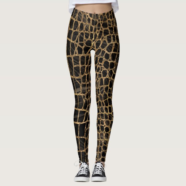 Faux Crocodile Black Liquid Marble och guld Leggings (Framsida)