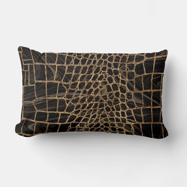 Faux Crocodile Black Liquid Marble och guld Lumbarkudde (Framsida)