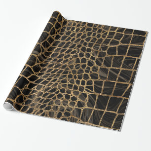 Faux Crocodile Black Liquid Marble och guld Presentpapper