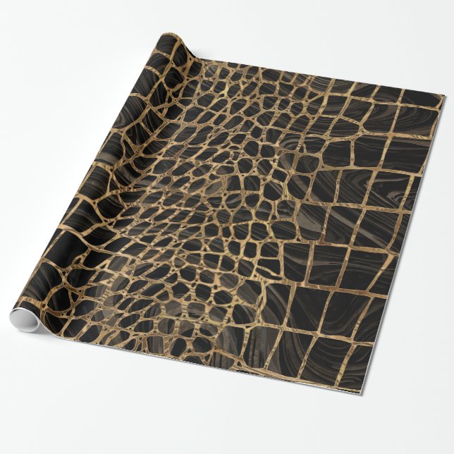 Faux Crocodile Black Liquid Marble och guld Presentpapper (Utrullad)