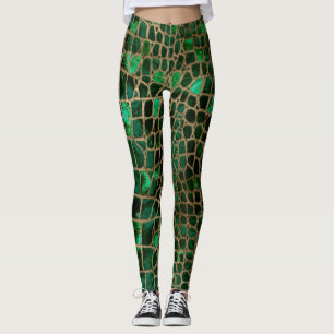 Faux Crocodile struktur Malachite och guld Leggings