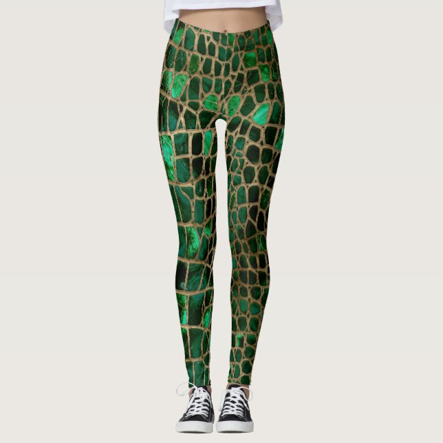 Faux Crocodile struktur Malachite och guld Leggings (Framsida)
