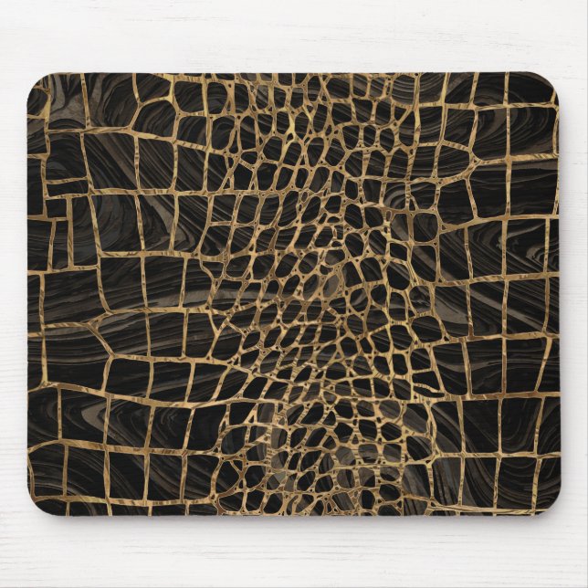 Faux Crokodile Black Liquid Marble och guld Musmatta (Framsidan)