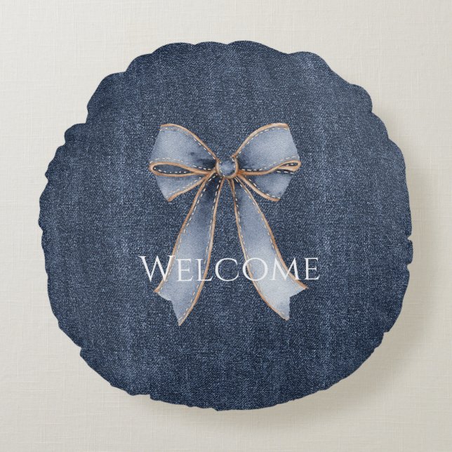 Faux Denim Blue Jean Bow Rund Kudde (Framsidan)