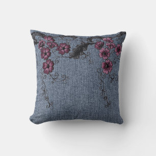 *~* Faux Denim Hand sydda blommor Kudde