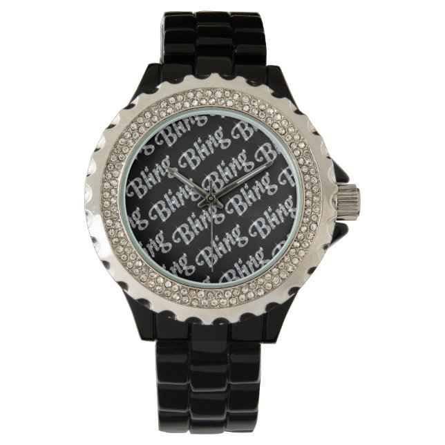 Faux diamant på svart Bling design Watch Armbandsur (Framsida)