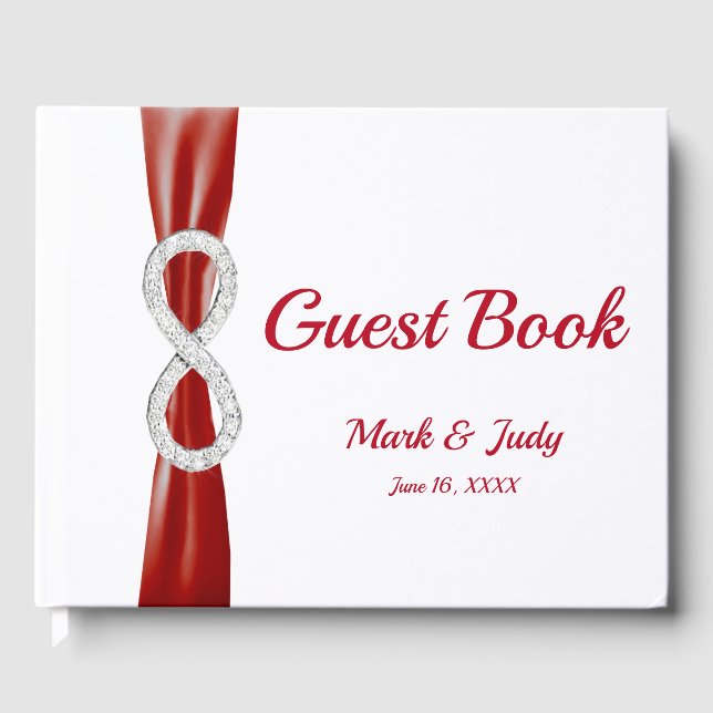 Faux Diamond Infinity Red Ribbon Bröllop Guestbook Gästböcker (Framsida)