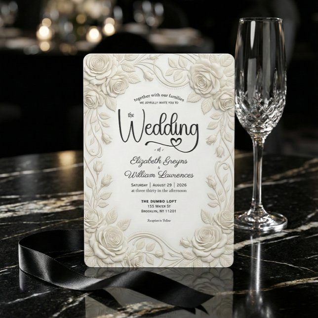 Faux Embossed 3D Cream Rose Bas Relief Wedding  Inbjudningar (Skapare uppladdad)