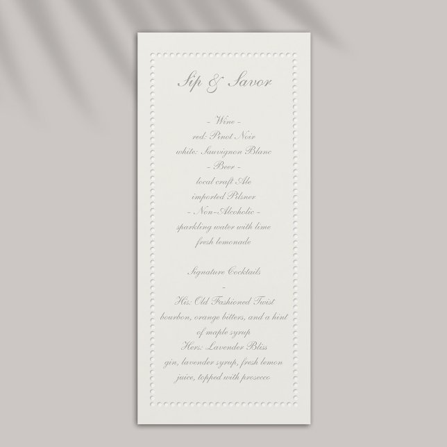 Faux Embossed Beaded Ram Bröllop Pub Menu Meny (formal wedding bar menu traditional faux embossed beaded frame ecru eggshell elegant black tie)