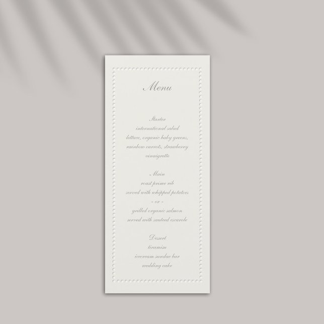 Faux Embossed Beaded Ram Formal Bröllop Menu Meny (formal wedding menu traditional faux embossed beaded frame ecru eggshell elegant black tie)