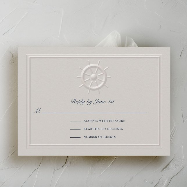 Faux Embossed Boat Helm Coastal Bröllop Response (nautical wedding rsvp card faux embossed boat helm double frame modern classic navy ivory)