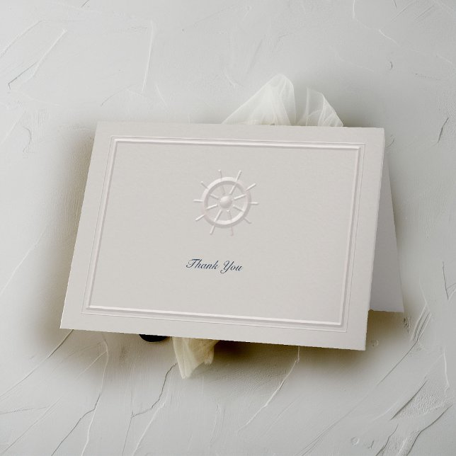 Faux Embossed Boat Helm Coastal Bröllop Tack Kort (coastal wedding thank you folded card faux embossed boat helm double frame modern classic elegant)