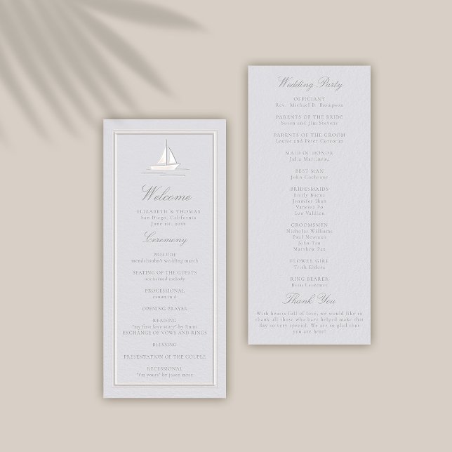 Faux Embossed Coastal Boat Forme Bröllopsprogram (coastal wedding program ceremony schedule modern classic formal traditional frame faux embossed boat)