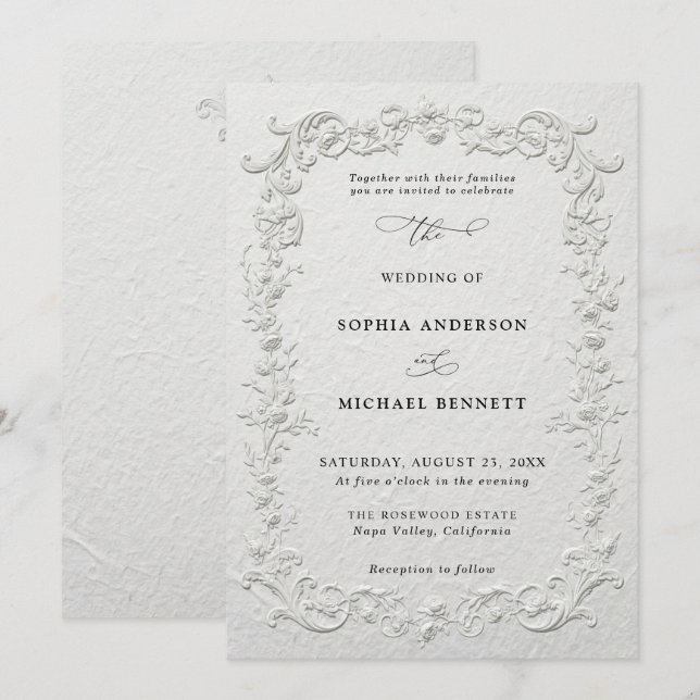 Faux Embossed Floral Wedding Invitation Inbjudningar (Fram/baksida)