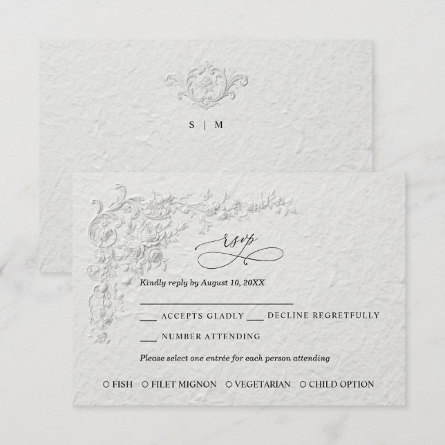 Faux Embossed Floral Wedding RSVP Card OSA Kort (Fram/baksida)