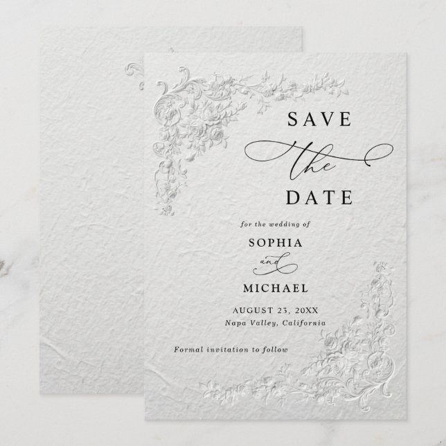 Faux Embossed Floral Wedding Save the Date  I Inbjudningar (Fram/baksida)