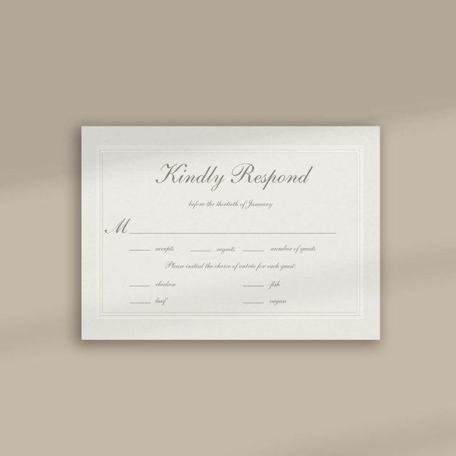 Faux Embossed Formal Elegant bröllop Meal OSA (formal traditional wedding RSVP response card faux embossed cream ecru frame calligraphy classic)