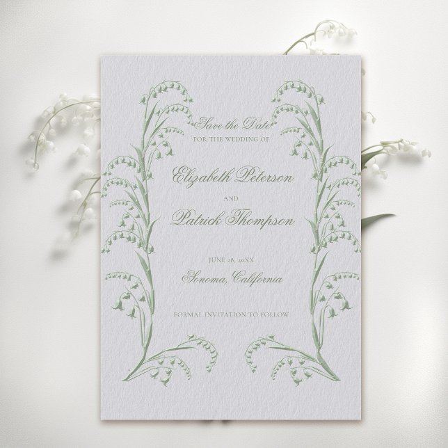 Faux Embossed Lily Valley Grönt Formal Bröllop Spara Datumet (formal wedding save the date classic traditional faux embossed lily of the valley frame ivory green)