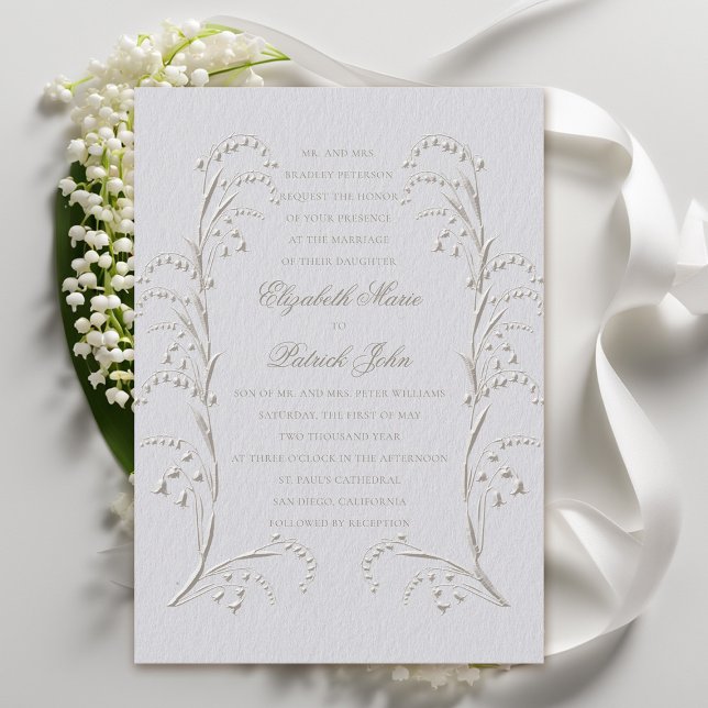 Faux Embossed Lily Valley Ivory Formal Bröllop Inbjudningar (formal wedding invitation classic traditional faux embossed lily of the valley frame ivory)