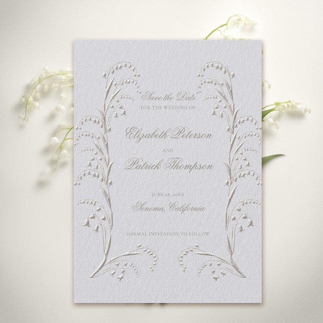 Faux Embossed Lily Valley Ivory Formal Bröllop Spara Datumet (formal wedding save the date classic traditional faux embossed lily of the valley frame ivory)