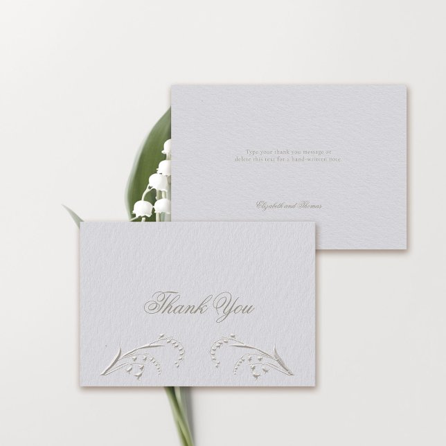 Faux Embossed Lily Valley lite Formal Bröllop Tack Kort (formal wedding thank you card classic traditional faux embossed lily of the valley frame ivory white)
