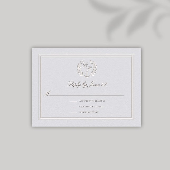 Faux Embossed Nautical Anchor Bröllop Response (nautical wedding RSVP modern classic formal traditional faux embossed anchor crest monograms)