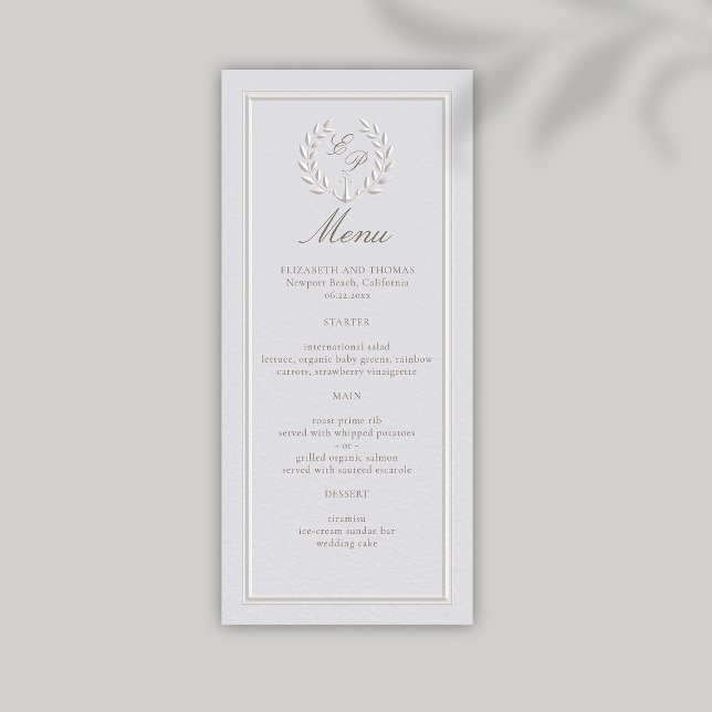 Faux Embossed Nautical Anchor Ivory Forme Bröllop Meny (nautical wedding menu modern classic formal traditional faux embossed anchor crest monograms)