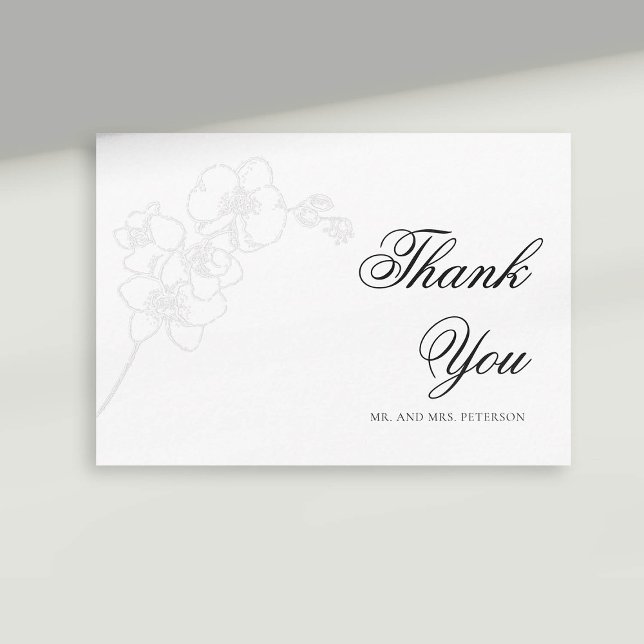 Faux Embossed Orchid Bläck Elegant bröllop Tack Kort (formal wedding thank you card faux embossed orchid sketch modern classic typography calligraphy)