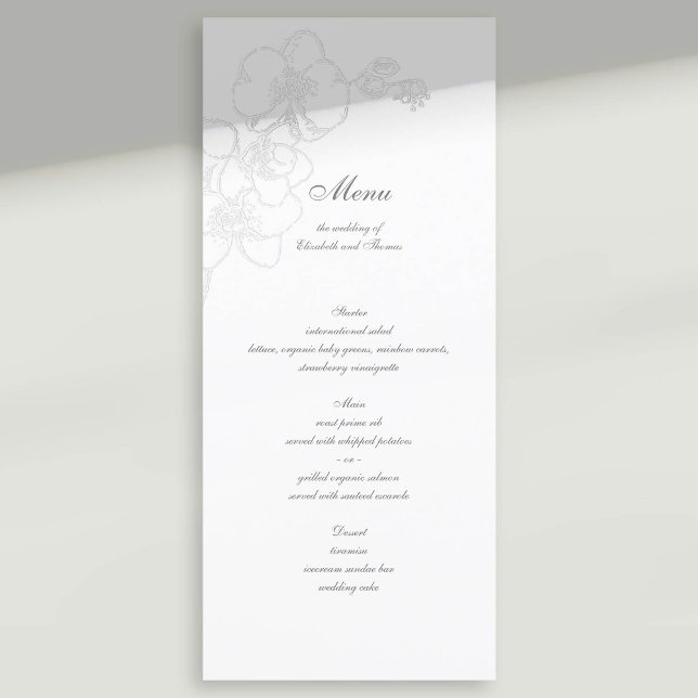 Faux Embossed Orchid Classic Calligraphy Bröllop Meny (formal wedding menu card faux embossed orchid floral modern classic traditional calligraphy)