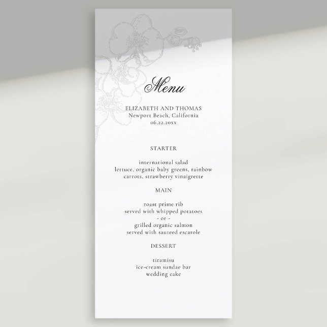 Faux Embossed Orchid Modern Classic Bröllop Meny (formal wedding menu card faux embossed orchid sketch modern classic typography calligraphy)