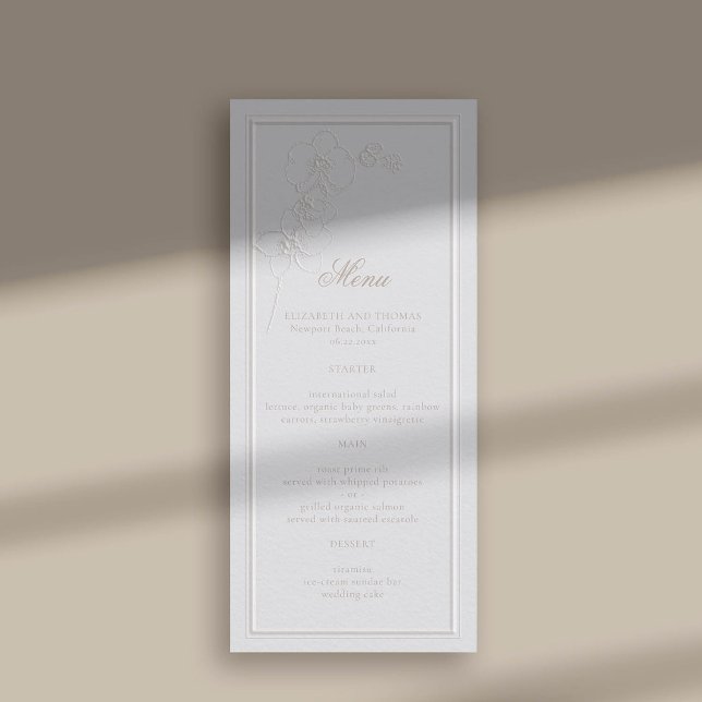 Faux Embossed Orchid Ram Ivory Classic Bröllop Meny (faux embossed orchids double frame modern classic wedding reception menu card ivory)