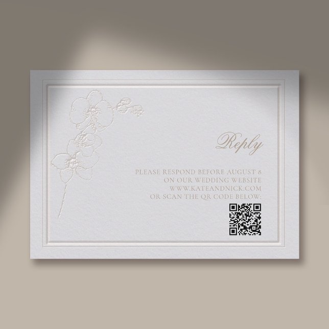 Faux Embossed Orchid Ram Ivory Reply Bröllop QR OSA Kort (traditional wedding response card qr rsvp reply orchid faux embossed elegant classic)