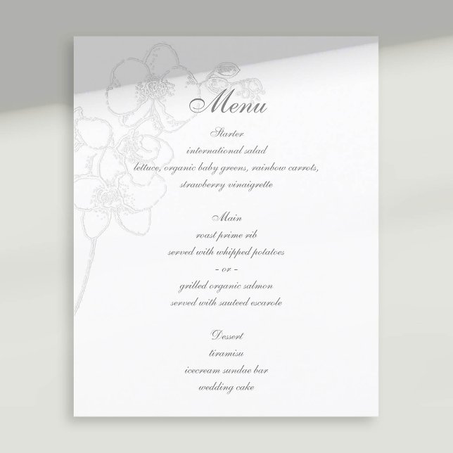 Faux Embossed Orchid Traditional Bröllop Menu (formal wedding menu faux embossed orchid floral modern classic traditional calligraphy)