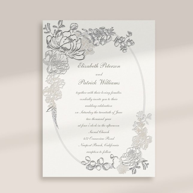 Faux Embossed Peonies Calligraphy Pearl Wh Bröllop Inbjudningar (peony wedding invitation floral oval frame formal traditional elegant calligraphy pearl classic)