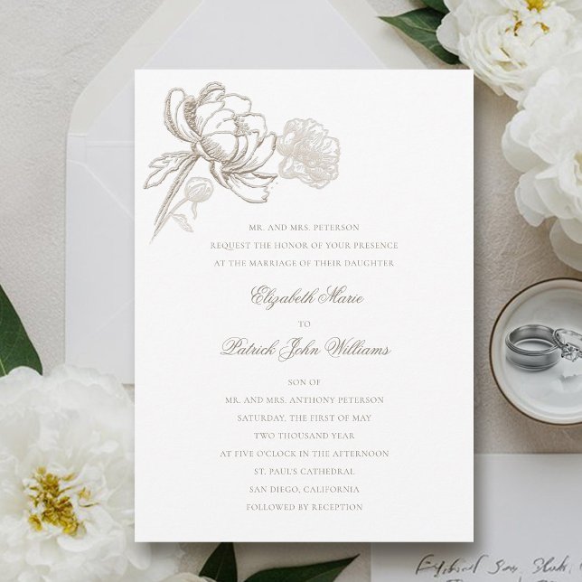 Faux Embossed Peonies Formal Classic Bröllop Inbjudningar (peony wedding invitation formal traditional elegant calligraphy modern classic bride parents)