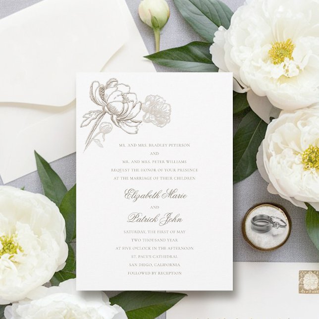 Faux Embossed Peonies Formal Parmal Host Bröllop Inbjudningar (peony wedding invitation formal traditional elegant calligraphy modern classic parents host)